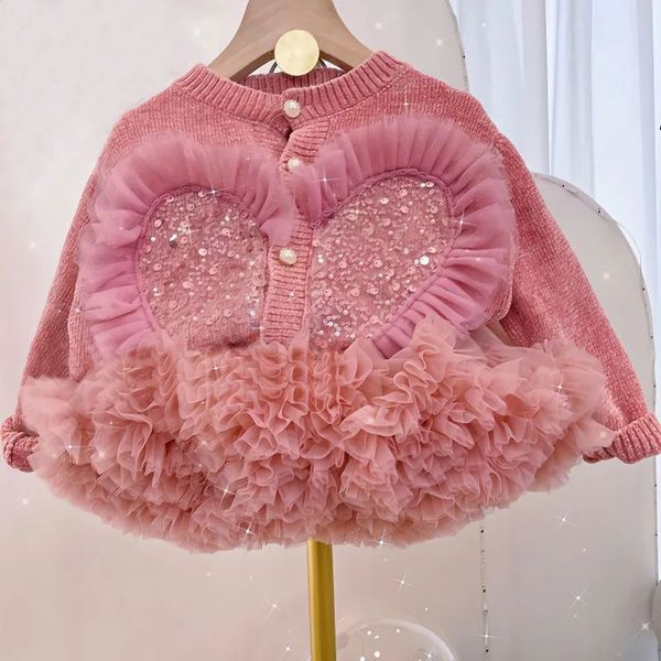 Kleidungssets Prinzessin Mädchen Kleidung Kinder Baby Mädchen Pailletten Strickjacke Pullover und Tutu Kleid Anzug für Kinder Süße Outfits 2 7Y 231204