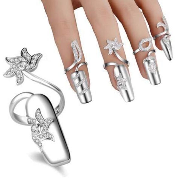 Koreanischen Stil Mode Nagel Ring Charme Kristall Blume Frauen Öffnung Einstellbare Nagel Abdeckung Ringe Hochzeit Braut Schmuck