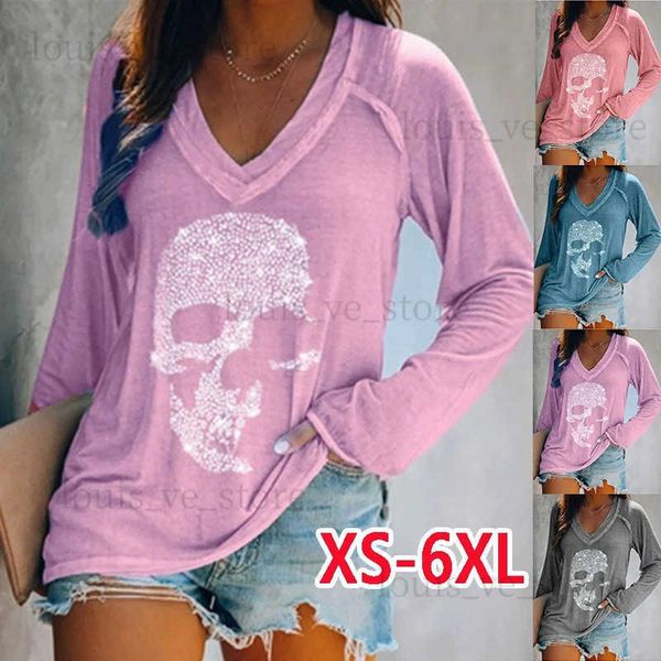 T-shirt da donna Donna Autunno Inverno Moda Abbigliamento Casual T-shirt a maniche lunghe Camicetta stampata con teschio allentato Camicie con scollo a V da donna Top in cotone T231204