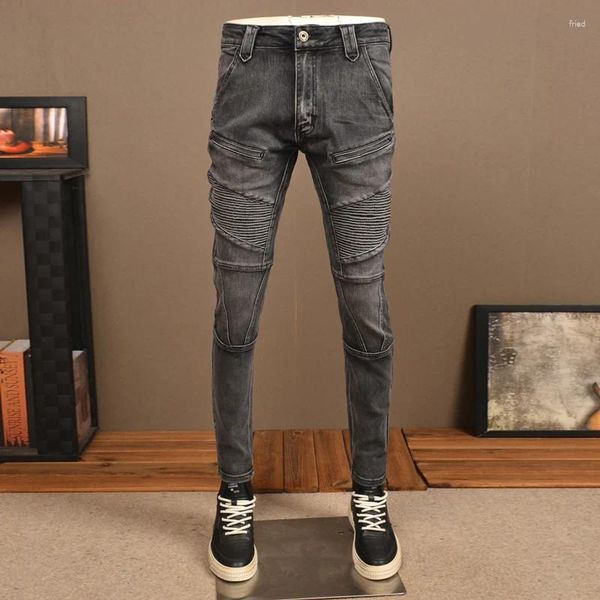 Jeans masculinos rua moda homens retro preto cinza estiramento skinny fit emendado motociclista homme remendado designer hip hop denim calças