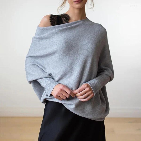 Suéteres femininos 2023 outono inverno mulheres de malha pulôver suéter top elegante moda longa batwing manga um ombro confortável malhas