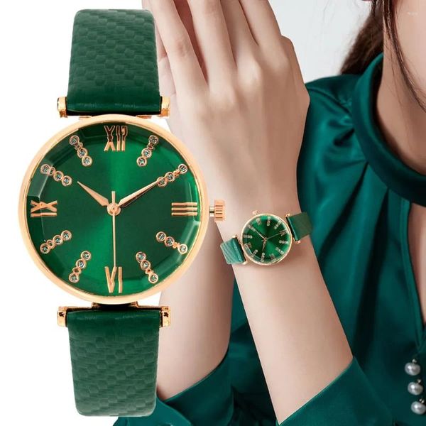 Armbanduhren Luxus Damen Marke Diamant Römisches Design Damenuhren Kleid Quarzuhr Mode Grünes Lederarmband Damen