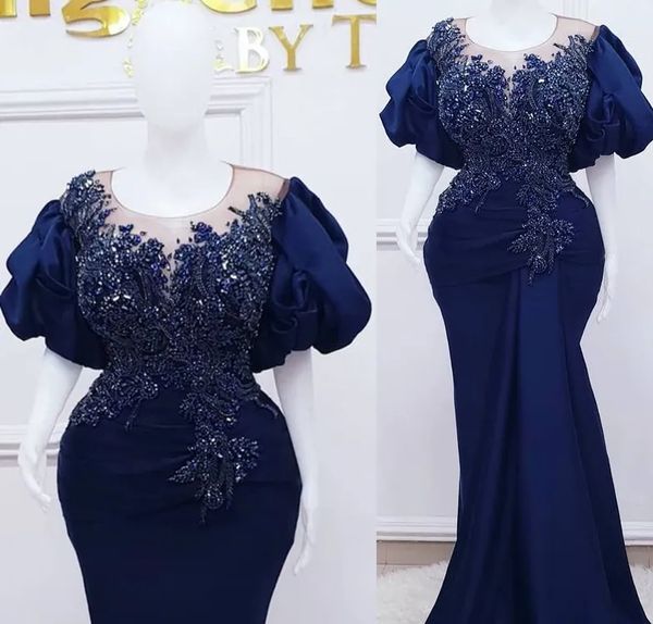 Elegante longo azul real plus size vestidos de noite mangas curtas renda frisado cristal sereia trem varredura feito sob encomenda para mulher