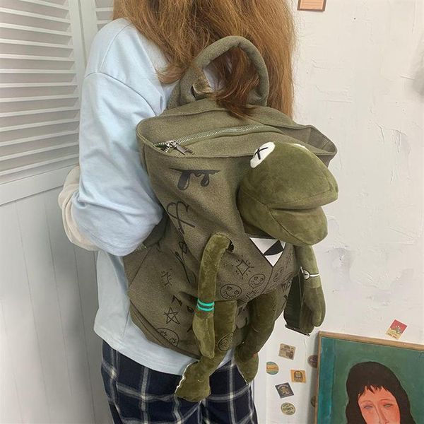 Herren Trendy Cool Graffiti Canvas Rucksack Mann Original Street Fashion Frosch Puppe Schultasche Unisex Casual253g