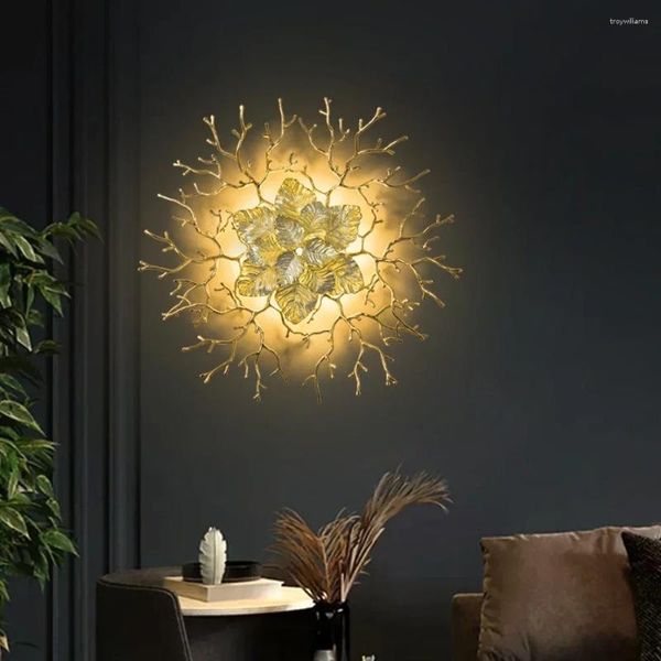 Lâmpadas de parede cobre lustre luz ouro cerâmica folha de lótus moderna arandela nórdica interior lâmpada de cabeceira para quarto decoração de fundo