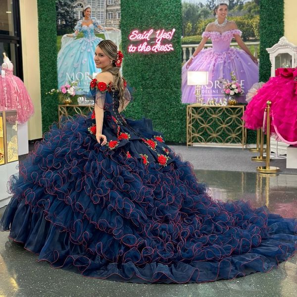 Azul marinho das mulheres fora do ombro vestido quinceanera applique flor tull em camadas vestidos de baile trem varredura vestido de 15 anos doce 16