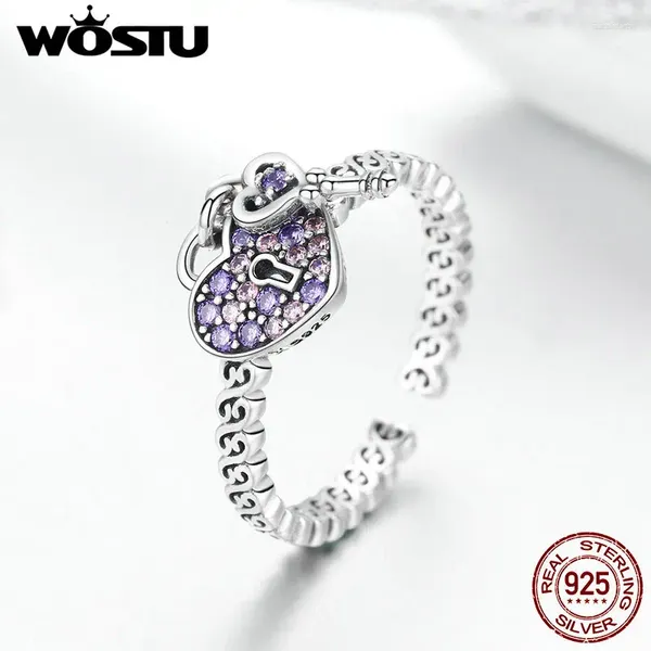 Mit seitlichen Steinen WOSTU Luxus 925 Sterling Silber Liebe Herz Key Lock Ringe Für Frauen Lila Süße Ring Hochzeit Verlobung Schmuck BKR486