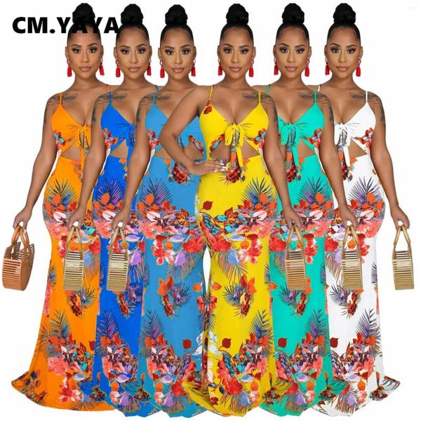 Vestidos casuais cmyaya 2023 mulheres verão sereia maxi vestido cinta v-pescoço floral impressão noite clube festa praia boêmio longo vestido