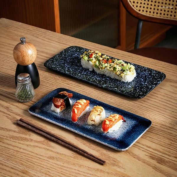Teller, japanischer ofentransformierter Sushi-Teller, langer Streifen, weihnachtliche farbige Glasur, kreativer Keramik-Snack, rechteckig, flach