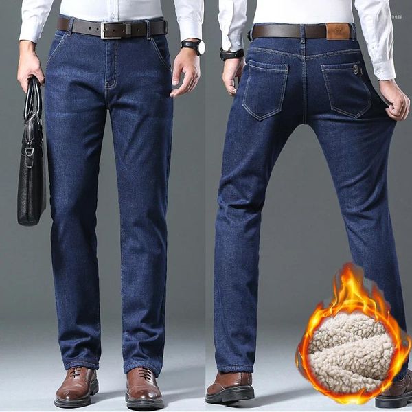 Calças de brim masculinas 2023 lã moda negócios casual estiramento fino calças clássicas calças jeans masculino preto azul