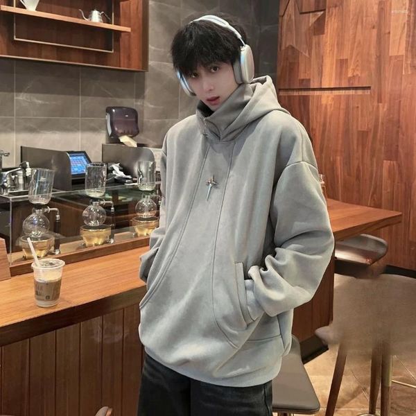 Männer Hoodies Winter Verdicken Samt Rollkragen Mit Kapuze Sweatshirt Modische Lose Beiläufige High Street Silhouette Männer Tops Männliche Kleidung