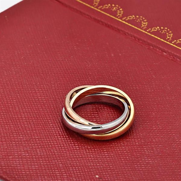 'Ouro prata rosegold' três anéis de cruzamento triplo para mulheres amantes masculinos '316l titânio aliança de casamento de aço anei258e