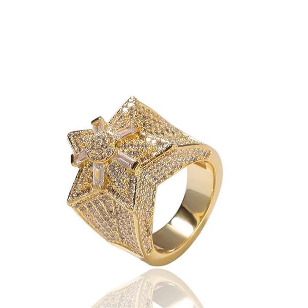 Moda hip hop masculino bling anel na moda amarelo branco banhado a ouro bling cz diamante estrela anéis para homens feminino agradável gift298w