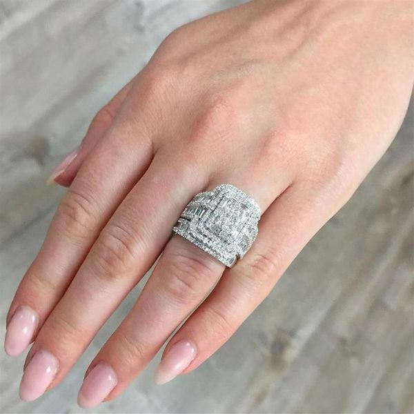 Hochzeit Ringe Vintage Weibliche Weiße Kristall Stein Ring Klassische Silber Farbe Für Frauen Charme Braut Quadrat Große Verlobung SetWedding270A