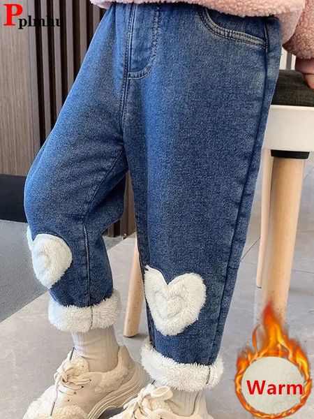 Jeans inverno veludo forrado meninas jeans calças vintage grosso elástico cintura alta crianças denim harem calca plush crianças quentes vaqueros broek 231204