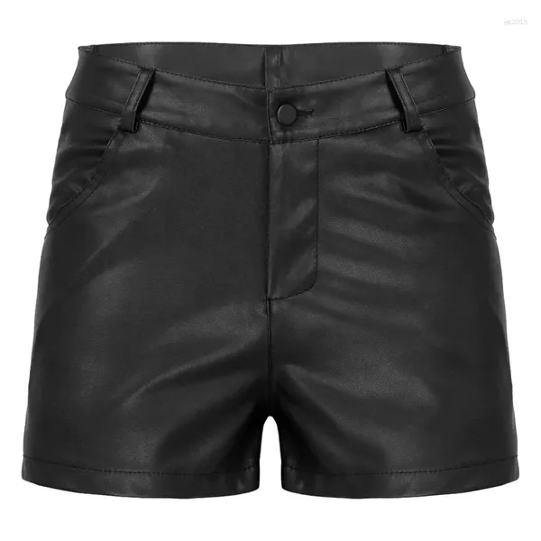 Shorts masculinos homens látex calças curtas casuais streerwear macio couro pu meados de cintura bolsos calças sexy festa lingerie