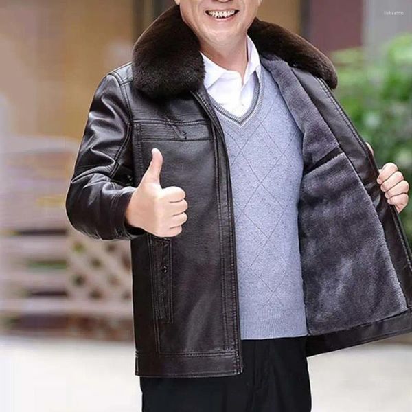 Giacche da uomo Giacca da uomo autunnale di mezza età antivento in ecopelle con tasche in peluche Colletto alla coreana Elegante cappotto da padre per maniche lunghe