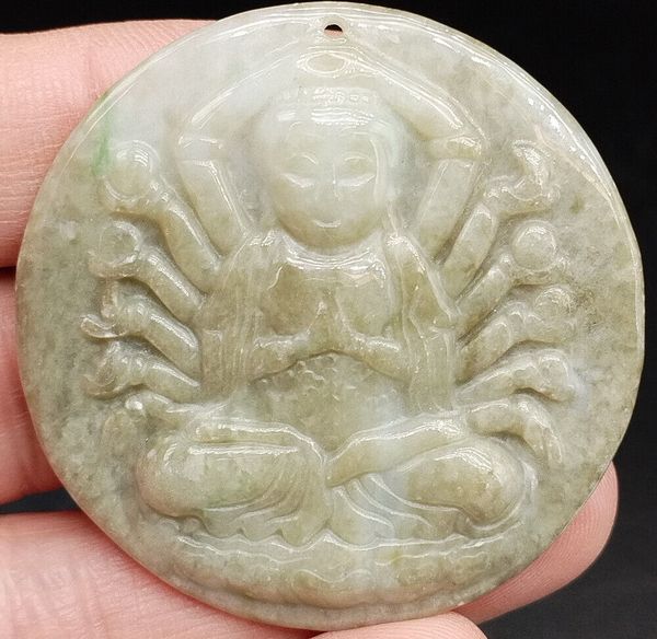 Ciondolo intagliato in giada giadeite naturale certificata Birmania di tipo A 1000 Kwan Yin a mano