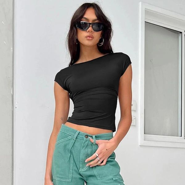 Mulheres Camisetas Y2K Backless Manga Curta Crop Top Mulheres Verão Moda Casual Streetwear Sexy Mulher Camisetas Nylon Respirável Slim 2023