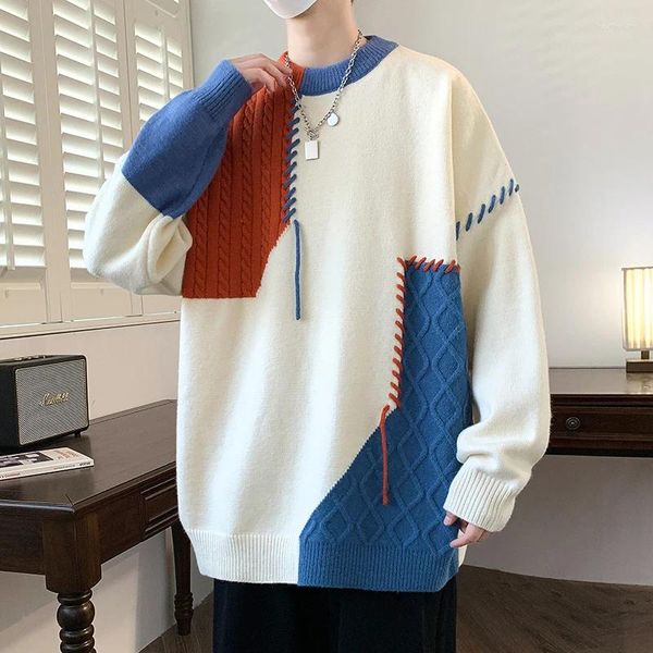 Maglioni da uomo Design originale di assemblaggio a blocchi di colore Uomo Autunno Inverno O-collo Maglione allentato Pullover Dimagrante Giacca casual da club