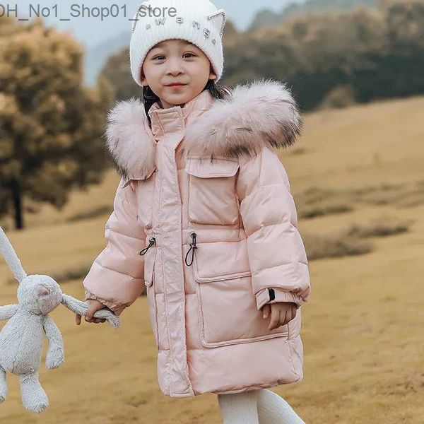 Down Ceket 2023 Kış Ceket Kızlar için Kapüşonlu Gerçek Rakun Kürk Kız 3-10 Yıllık Çocuk Toddler Outerwear Parka Q231206