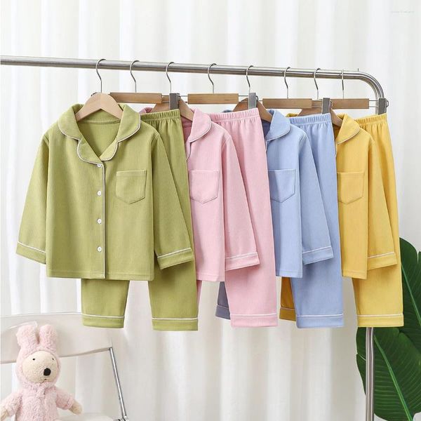 Kleidungssets Frühling Herbst Baby Jungen Mädchen Revers Pyjama Set Kinder Einfarbige Nachtwäsche Langärmelige Kleidung Anzug Für 2 bis 8 Jahre alt