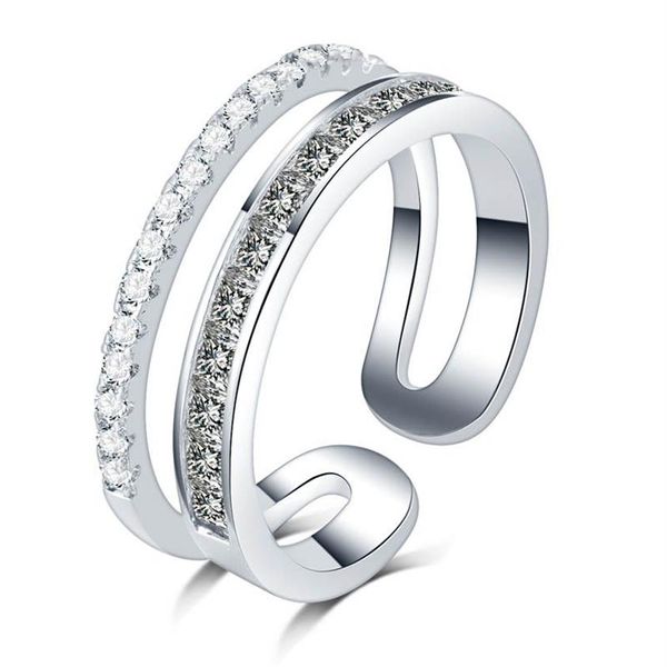 Nunca desaparecendo cor prata arco-íris anel de dedo micro pave quadrado redondo uma qualidade zircão dupla fileira anillo feminino aniversário gift253b