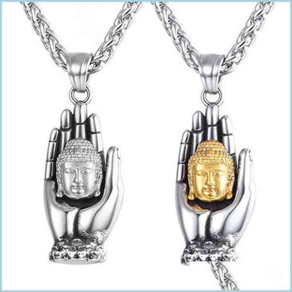 Pingente colares buda colar homens mão palmas de aço inoxidável na moda jóias cor ouro para mulheres presentes atacado gota entrega pe dhst8