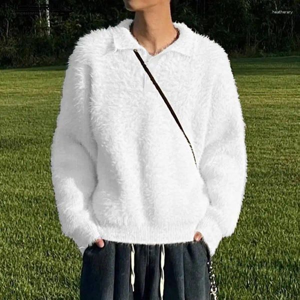 Suéter masculino incerun tops 2023 estilo coreano moda tecido de pelúcia suéter casual simples rua sólida pulôver de manga comprida S-5XL