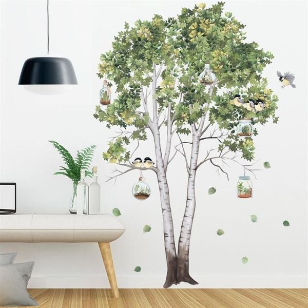 Adesivos de parede Grande árvore de bétula folhas verdes decalques sala de estar quarto pássaros decoração de casa pôster papel de parede pvc decoração237c