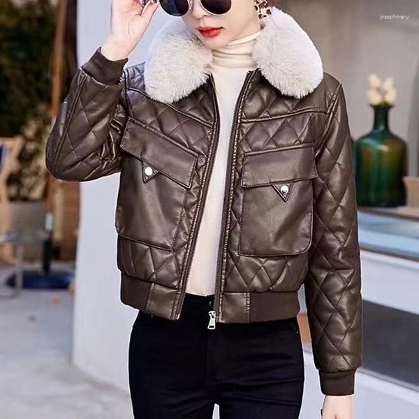 Couro feminino outono inverno cor sólida moda manga longa jaqueta falsa feminina high street bolsos com zíper engrossar cardigan all-match