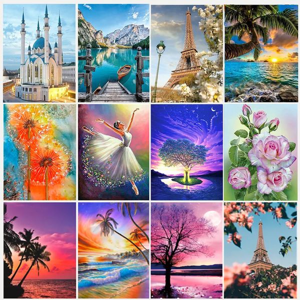 Pintura diamante 5d diy paisagem pôr do sol mar árvore flor bordado mosaico strass imagens arte artesanato casa decoração 231205