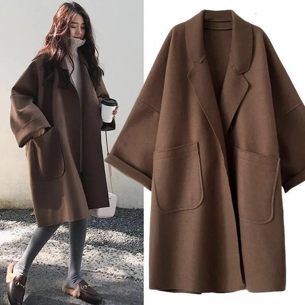 Damenjacken Eleganter Woll-Trenchcoat Winter für Frauen Vintage Windjacken Jacke Mittellanger lockerer Umlegekragen Plus Size 4XL Cardigan 231205