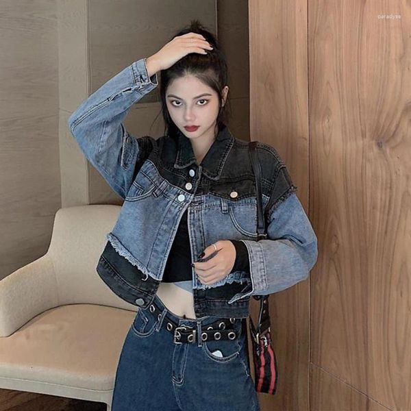 Kadın Ceketleri Vintage Denim Ceket Kadın Kore Stil Düğmesi Gevşek Patchwork Jean Outwear Kadın Moda All Maç Kısa Top 2023 Sonbahar