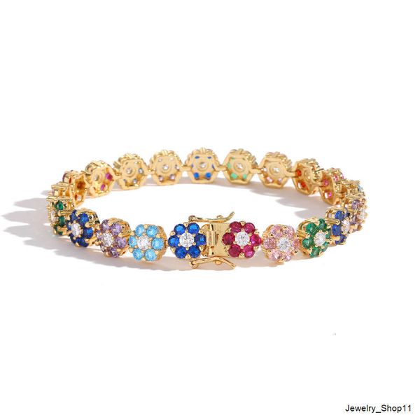 Böhmisches Gold gefülltes Regenbogen-CZ-Blumen-Armband, Iced Out-Diamant-Blumen-Tennis-Kettenarmband, Damen- und Herrenmode, Hiphop-Schmuck