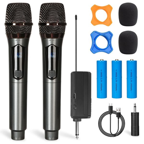 Mikrofone Drahtloses Mikrofon 2 Kanäle UHF Dual Handheld Dynamisch mit 2000 mAh Akku für AMP Karaoke Hochzeit PA 231204