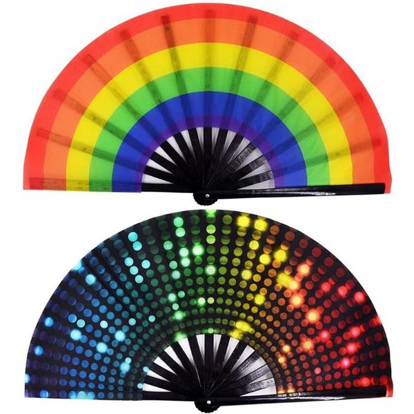 Autre décor à la maison 34 cm grand ventilateur à main pliant pliable 1 pcs Dot Rainbow Print Black Bamboo Nylon-Tissu Festival Handheld pour cadeau292d