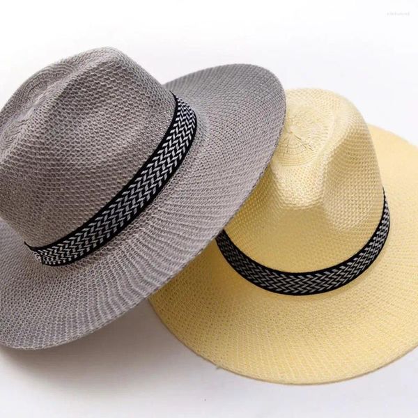 Chapéus de borda larga 10 pcs moda verão casual unisex praia trilby grande jazz chapéu de sol panamá papel palha mulheres homens boné com fita preta