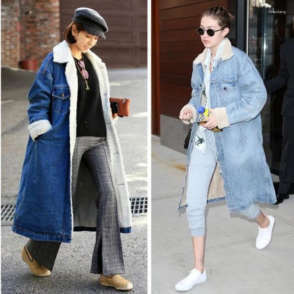 Frauen Trenchcoats Winter Mit Samt Lange Denim Mantel Frau Volle Hülse Warme Windjacke Baumwolle Lose Jean Damen Vintage Casual