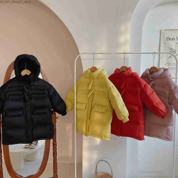 Piumino coreano lungo piumino d'anatra bianco 2023 nuovi bambini ragazze solido con cappuccio giacca invernale calda 3-8 anni bambini ragazze cappotto invernale Q231205