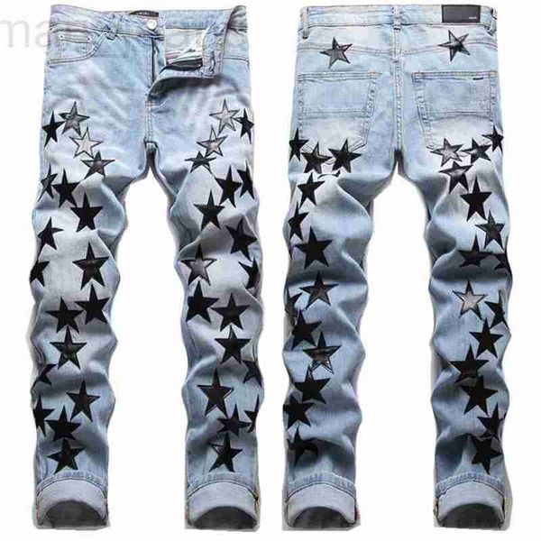 Jeans masculinos designer nova marca na moda jeans estrela de cinco pontas para homens, remendo de couro estrela preta com buracos, calças compridas elásticas slim fit para homens q7lz