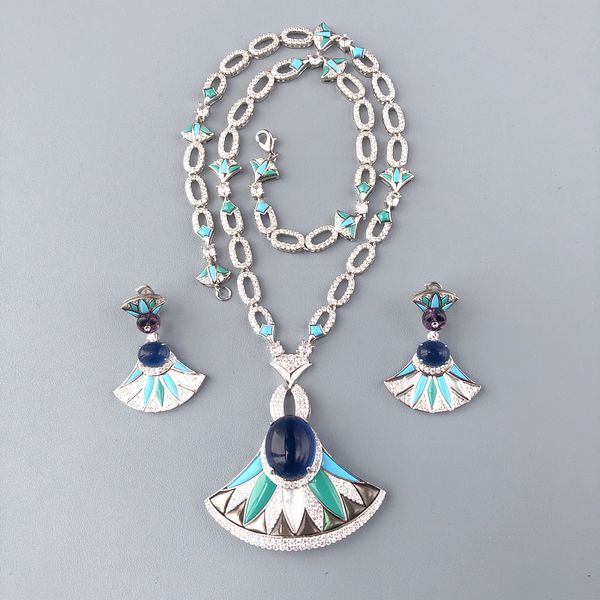 Coleção de designers luxuoso colar de moda brincos mulheres senhora inlay diamante zircão cúbico turquesa em forma de leque grande pingente conjuntos de joias de alta qualidade