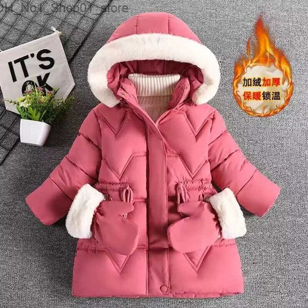 Casaco para baixo enviar luvas novas meninas de inverno jaqueta quente gola de pele princesa casaco com capuz zíper outerwear presente de aniversário 3-8 anos crianças roupas q231205