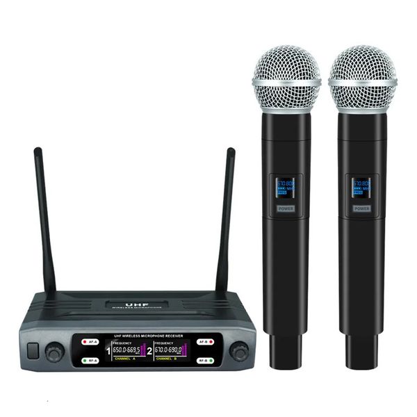 Microfoni Microfono wireless Palmare Doppio canale UHF Microfono dinamico a frequenza fissa per Karaoke Festa di nozze Band Church Show 231204