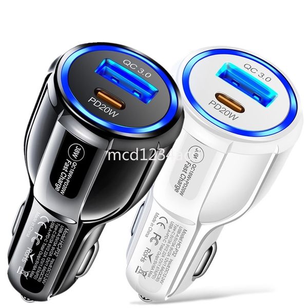 Carregador de carro USB C PD de portas duplas Carregamento rápido rápido 38W 36W 20W 12W Carregadores de veículos Adaptador de energia para iphone 12 13 14 15 Samsung xiami Huawei M1 com caixa