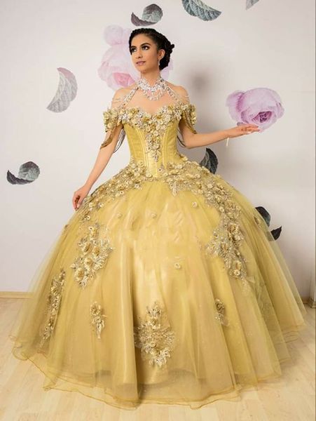 Prenses Quinceanera Elbiseler Altın 3D Çiçek Aplikler Kapalı Omuz Balo Elbise Prom Tatlı 16 Elbise Kızlar İçin Kısa Kollu Boncuklu Korse Özel Fırsatlar