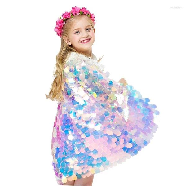 Jaquetas 2023 Glitter Multicolor Lantejoulas Xale Brilhante Meninas Manto Blingbling Fada Princesa Capa Festa de Natal Crianças Roupas