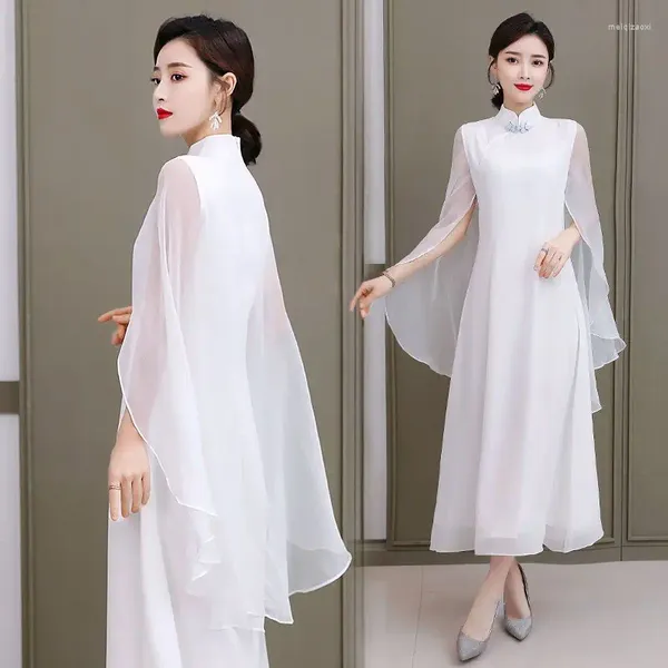 Abbigliamento etnico 2023 Donne di Stile Cinese Migliorato Chiffon Scialle Bianco Fata Temperamento Abito Elegante Vintage Ao Dai Partito Qipao