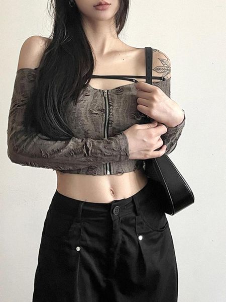 Camiseta feminina estilo sexy retro cinza mão desgastada fora do ombro manga longa camiseta curto magro olhando cintura alta zíper topo