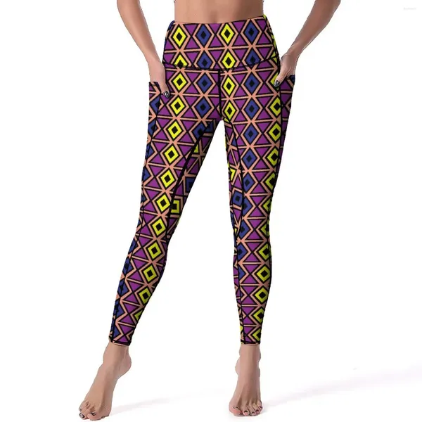 Leggings femininos roxo geo impressão calças de yoga retro geométrico cintura alta elegante esportes collants de secagem rápida gráfico fitness leggins